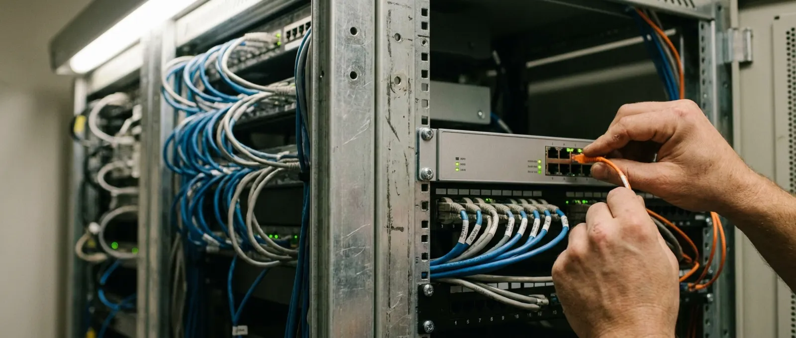 An engineer patching a cable into a network switch in a server rack